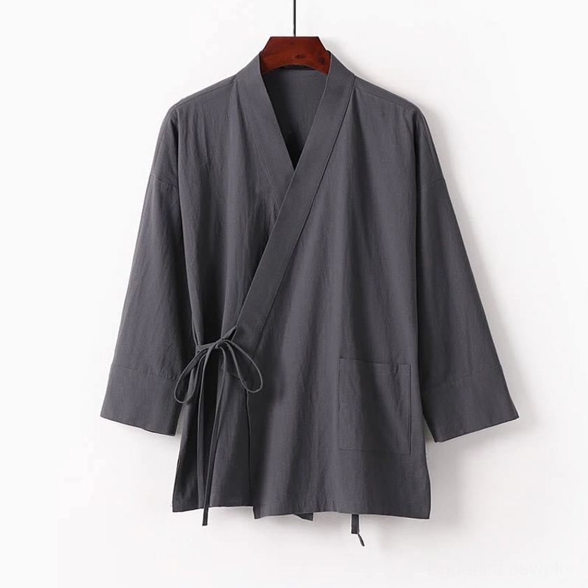 White V-neck wrap meditation kimono with adjustable tie front and wide sleeves