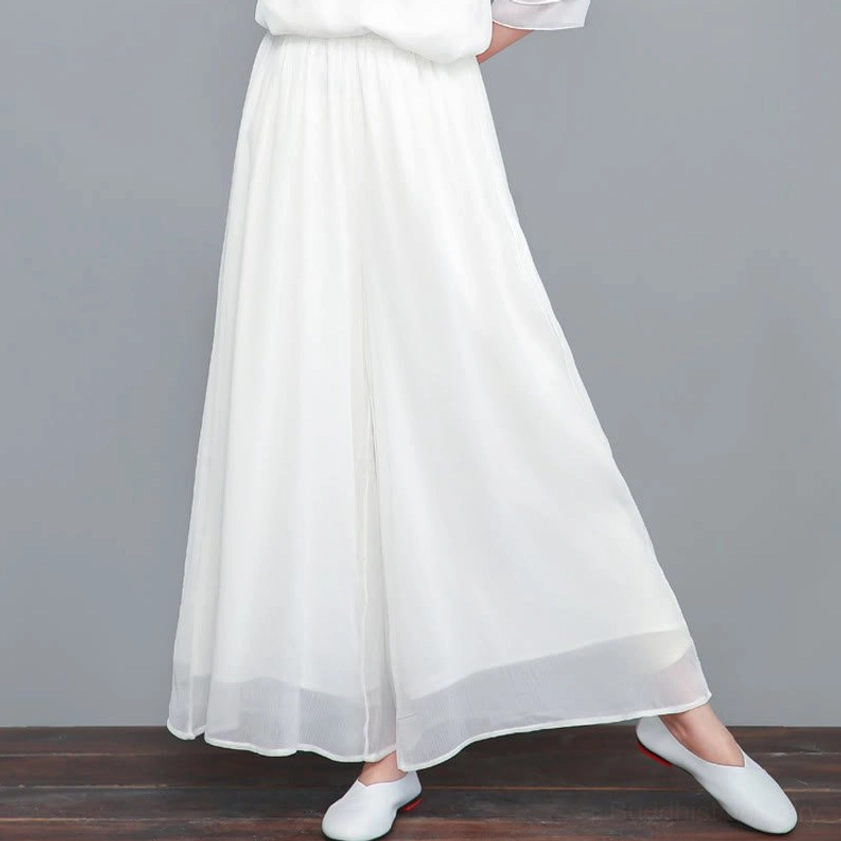 White wide leg meditation pants in premium chiffon fabric, showcasing comfortable loose fit perfect for yoga, tai chi, and spiritual practice