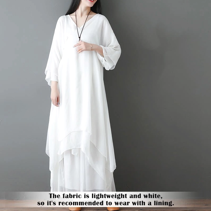 White Zen meditation clothing lightweight chiffon fabric front full body view with loose fit for yoga and spiritual practices