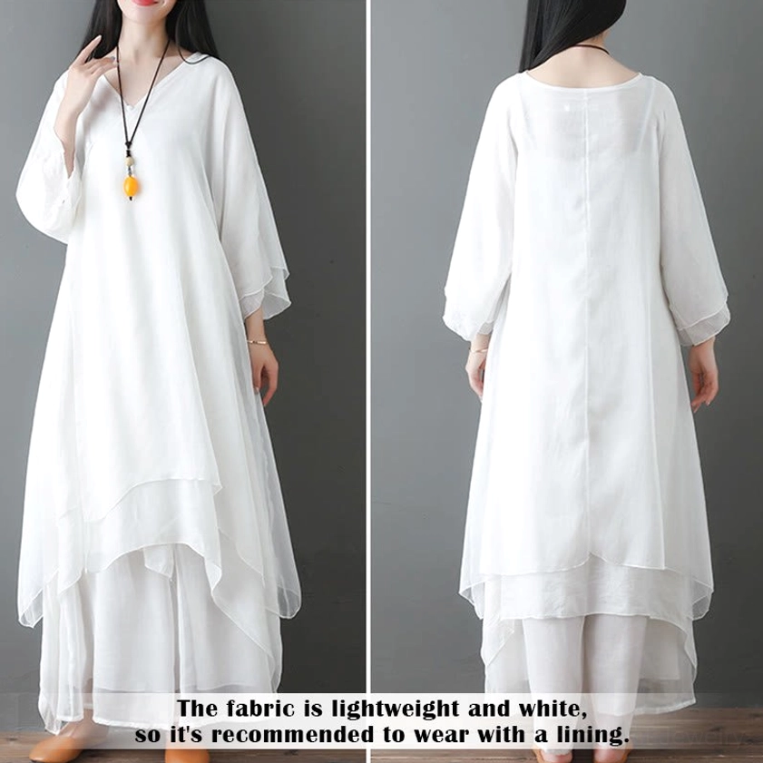 White Zen meditation outfit front and back display showing sheer layered hem and simple round neck design
