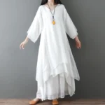 White Zen meditation dress and wide leg pants set full front view, V-neck tunic with 3/4 sleeves for yoga and spiritual practice