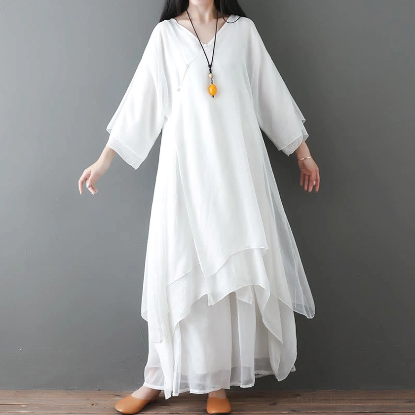 White Zen meditation dress and wide leg pants set full front view, V-neck tunic with 3/4 sleeves for yoga and spiritual practice