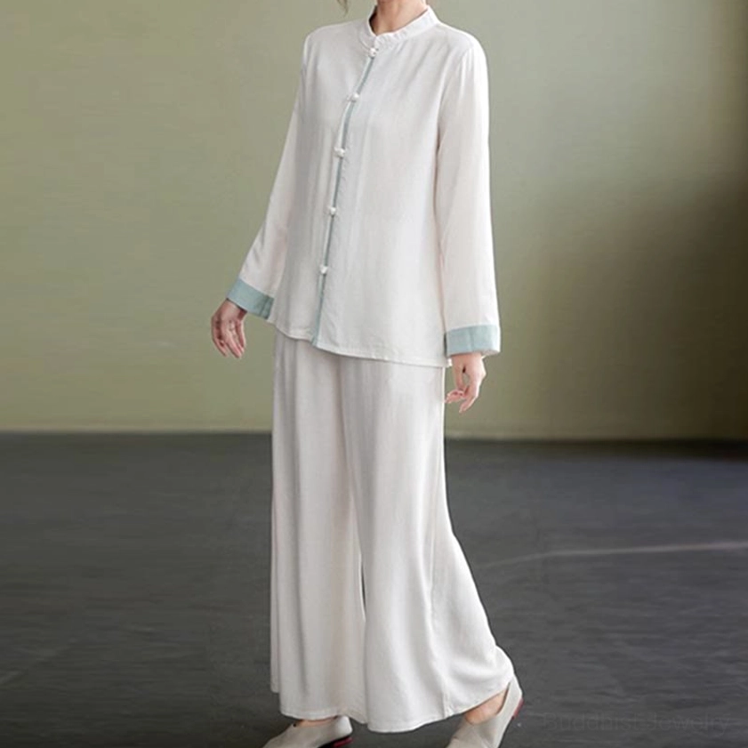 Pure white cotton linen zen meditation clothing set for women, stand collar and wide leg pants