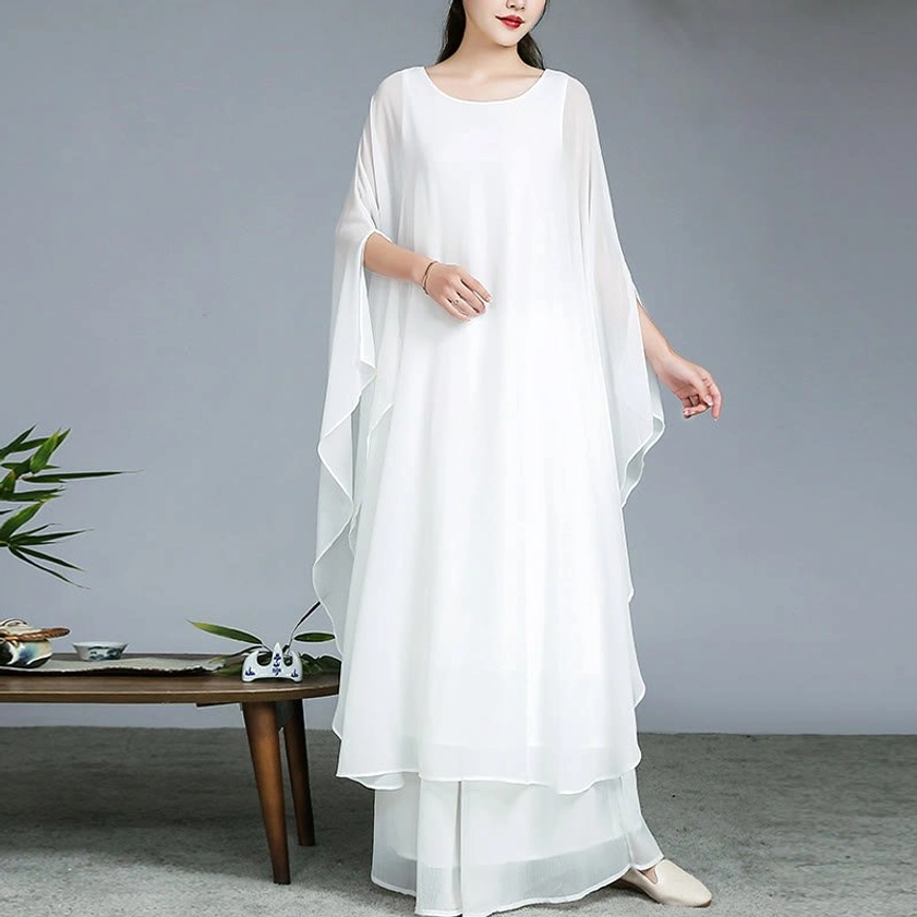 White flowing Zen long dress meditation set three-quarter view with minimal round neck design for spiritual practice