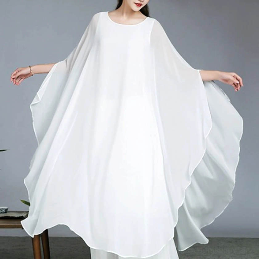 White chiffon Zen meditation outfit front dynamic view with cape sleeves and flowing layered fabric for spiritual movement