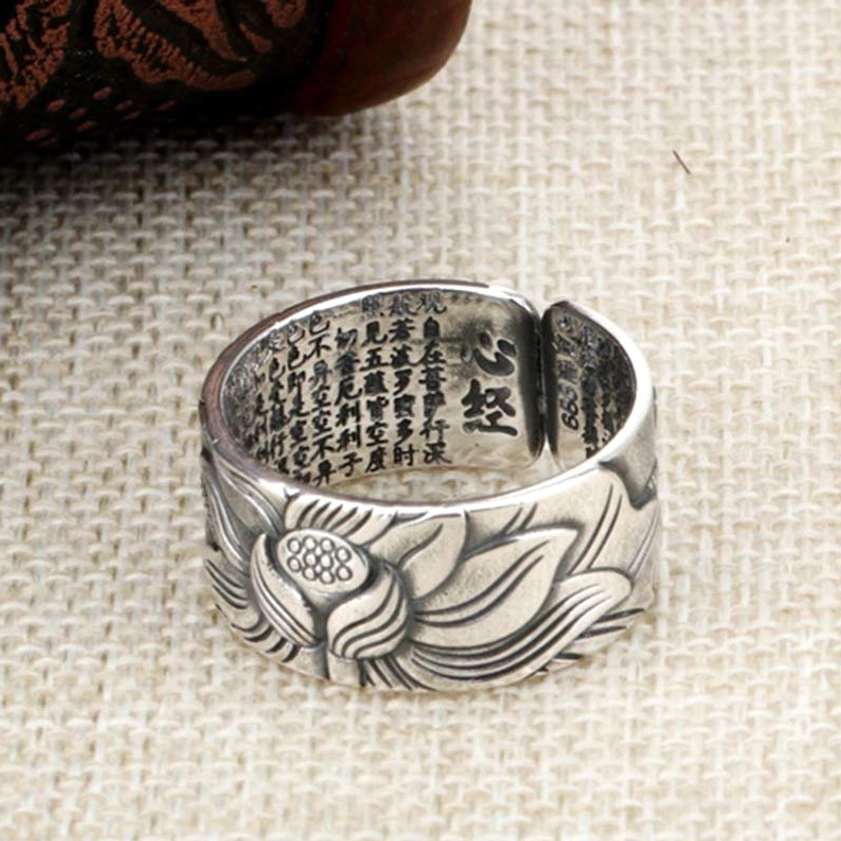 999 Sterling Silver Lotus Heart Sutra Ring – Wide Band with Complete Sacred Sutra and Open Cuff Adjustable Fit