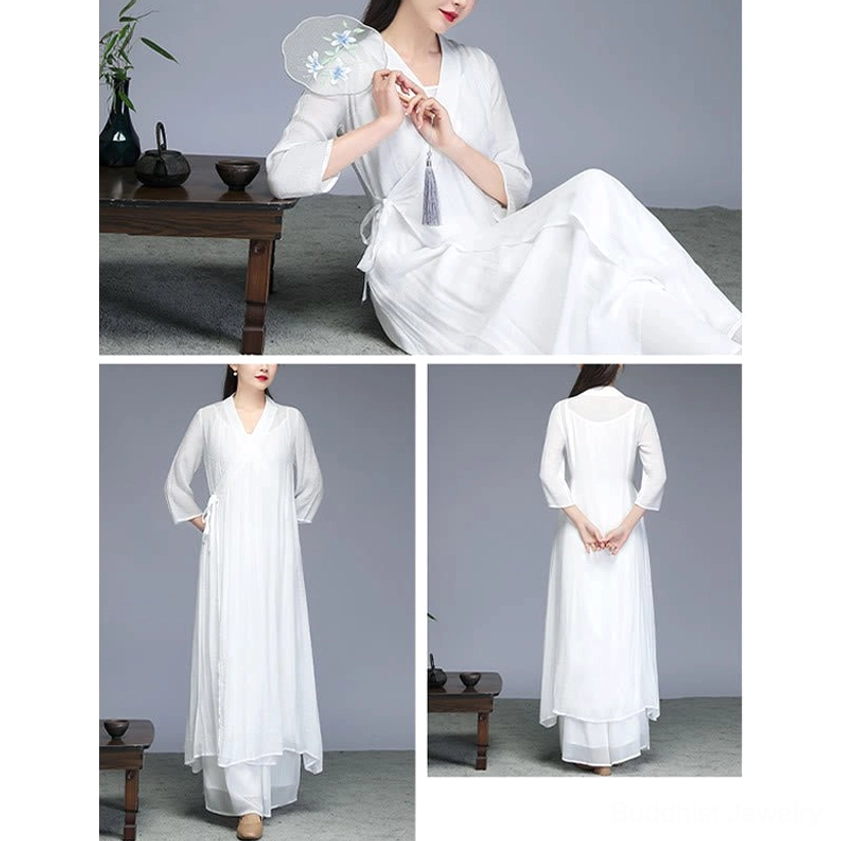 Wide-leg meditation pants flat lay showing elastic waistband, relaxed fit and comfortable drape for spiritual practice