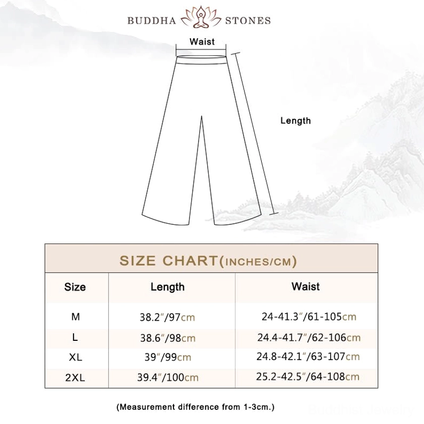 Wide leg meditation pants size chart with waistline and length specifications, featuring traditional Zen ink painting background