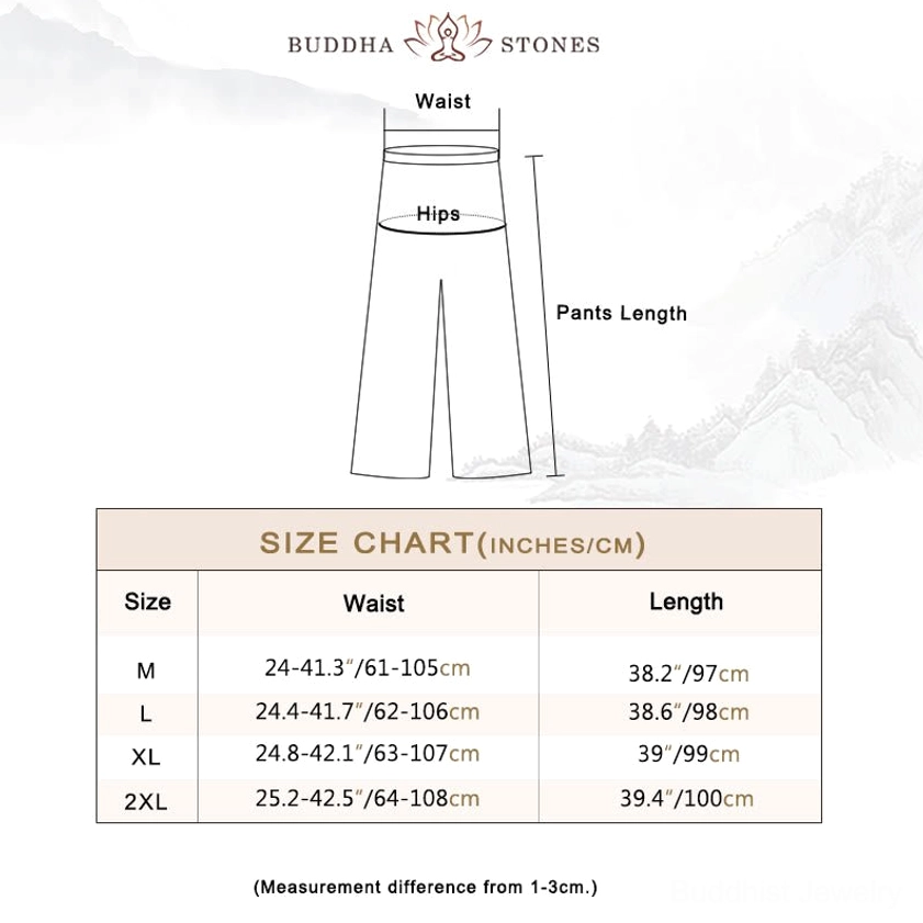 Wide-leg meditation pants size guide showing waist, hip and pants length measurements with international sizing chart