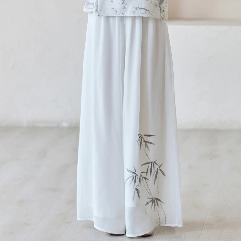 Wide leg pants only option for Zen meditation practice, elastic waist design in comfortable relaxed fit with blue floral embroidery details