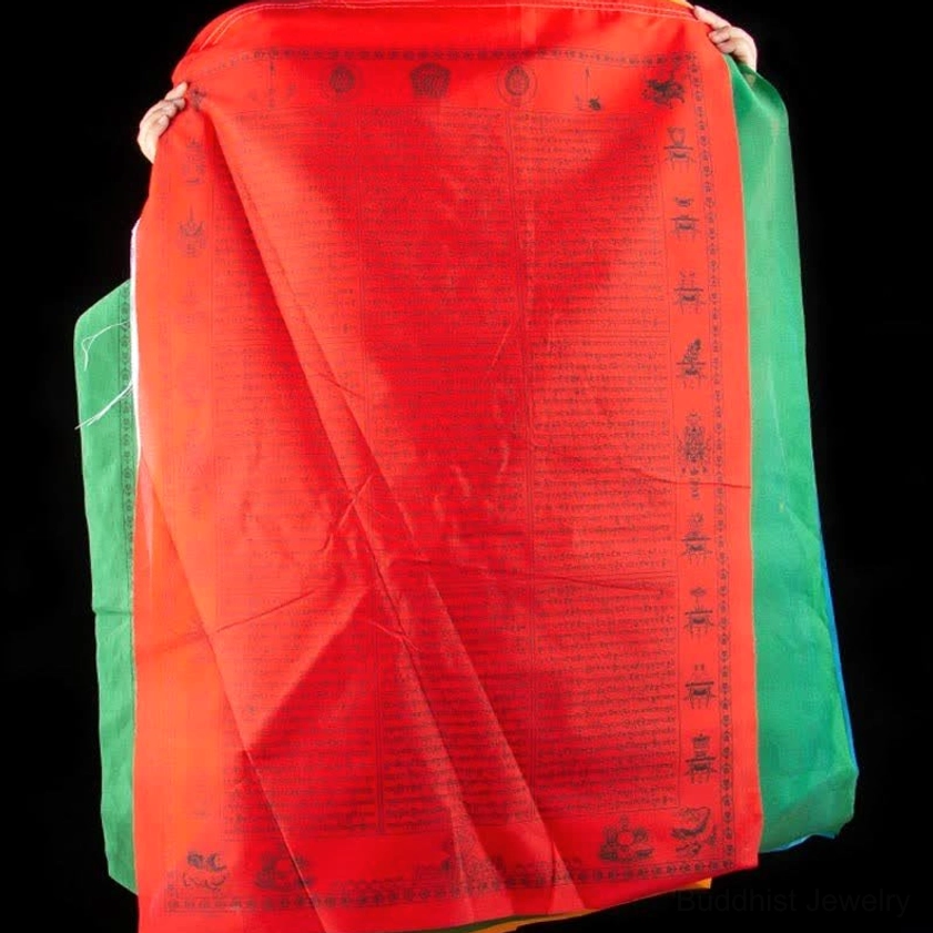 Buddhist prayer flag windhorse design with protective auspicious symbols for good fortune and blessings