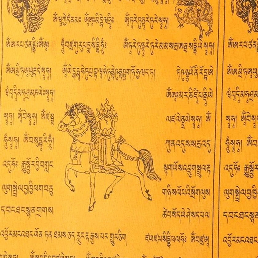 Detailed close-up of windhorse with sacred treasures and complete Tibetan scripture text on prayer flag