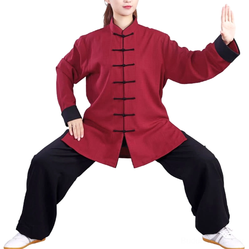 Wine red fleece-lined tai chi uniform set complete outfit, frog-button closure with mandarin collar for meditation practice