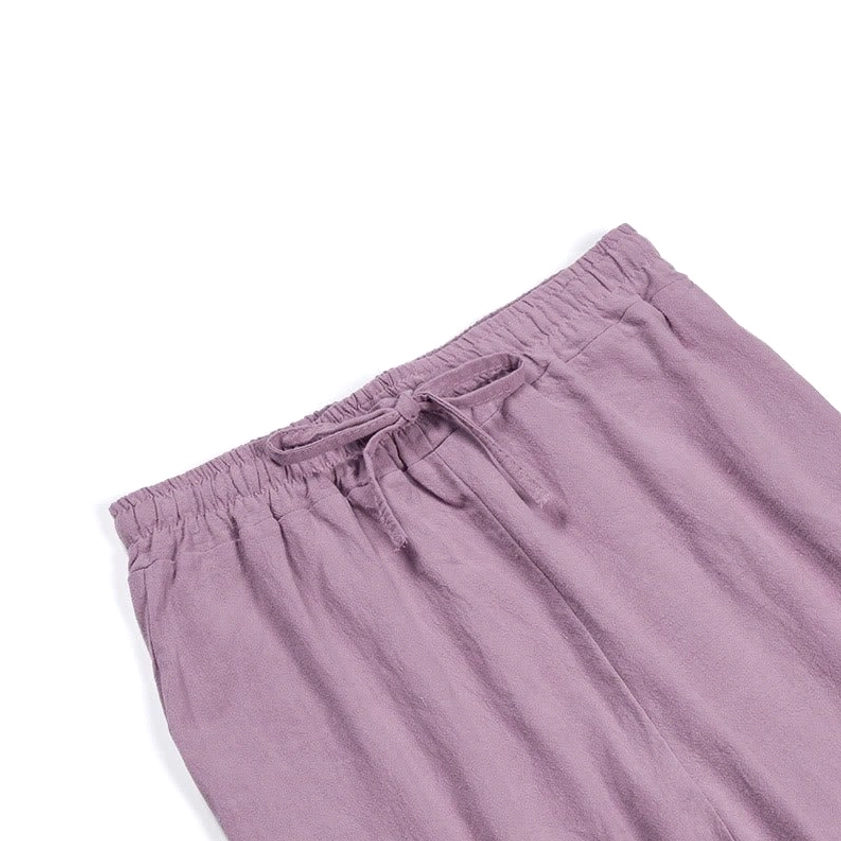 Wine red meditation cotton loungewear two-piece set flat lay on white