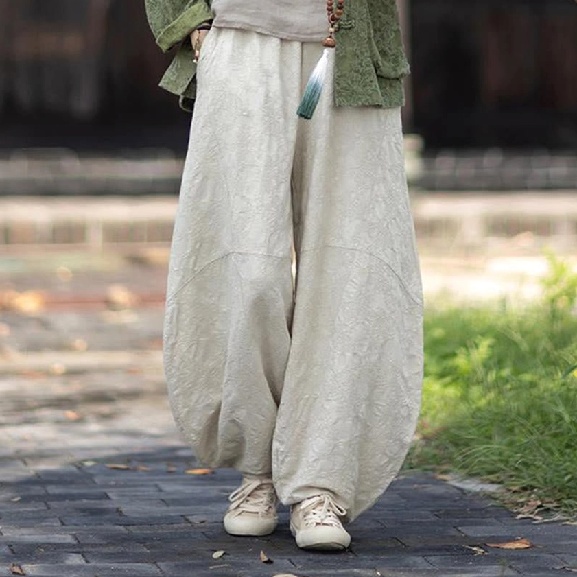Women's beige jacquard meditation pants with natural waistline in zen aesthetic