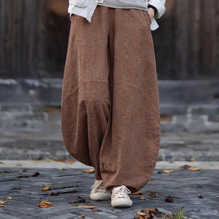 Women's brown jacquard meditation pants with elastic waist and ankle length