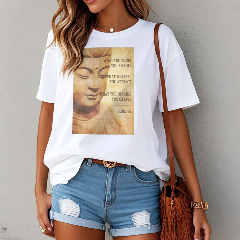 Women wearing white Buddha t-shirt outdoor casual setting with denim shorts, Buddhist quote print
