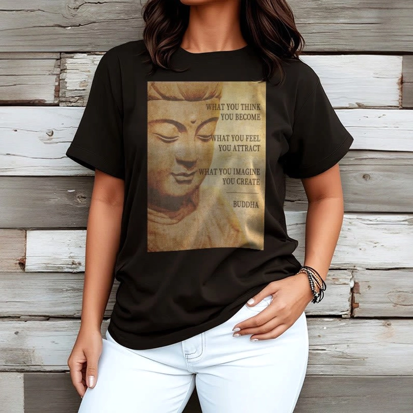 Women wearing fitted black Buddhist t-shirt wooden wall background with white pants, inspirational quote print