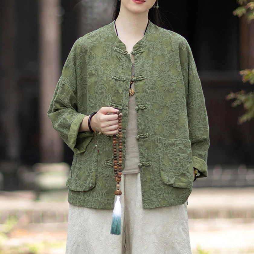 Front view of handcrafted women's jacquard zen meditation shirt with frog buttons and prayer beads