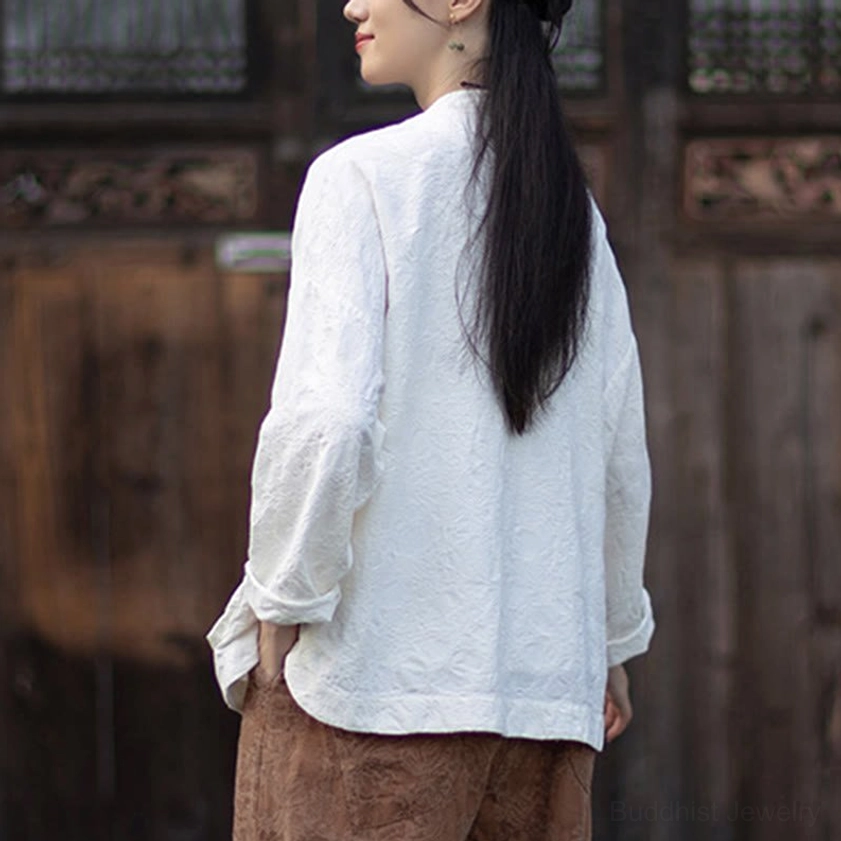 Full-length front view of women's jacquard meditation shirt and pants set with frog closures