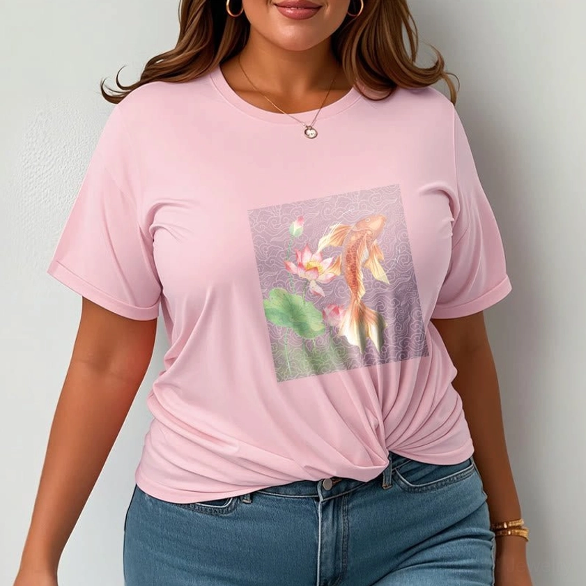 Female model styling light pink Buddhist t-shirt with koi fish lotus spiritual design casual