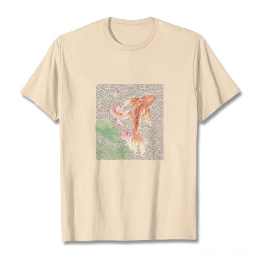 Female model wearing light pink Buddhist spiritual t-shirt with koi fish lotus design
