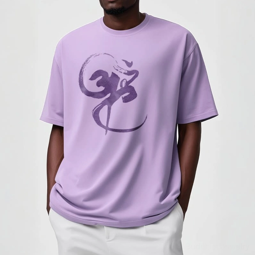 Woman styling pale green Om Buddhist t-shirt with casual accessories everyday wear