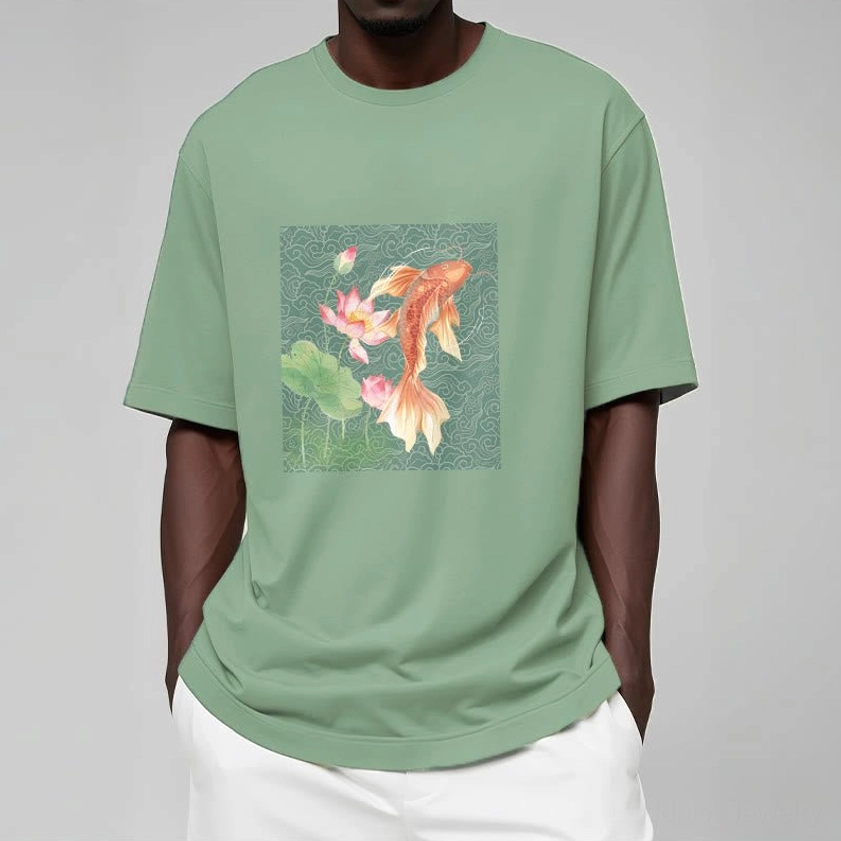 Female model wearing plum Buddhist t-shirt with koi fish and lotus flower spiritual print