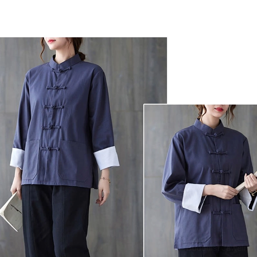 Women's black frog-button shirt back view showing relaxed fit and traditional button design