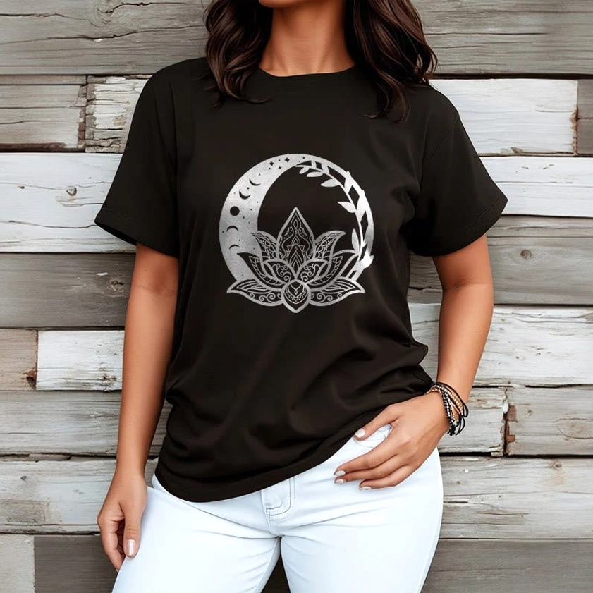 Women black crew neck Buddhist t-shirt silver white lotus crescent print white pants