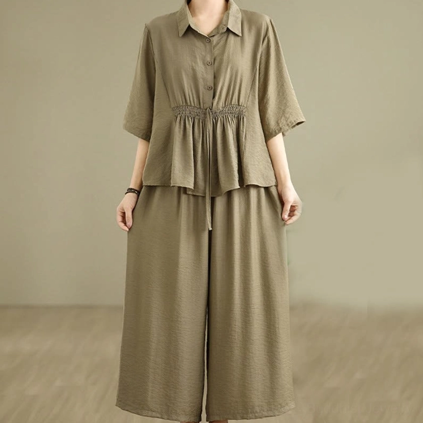 Women's meditation clothing in Dark Khaki - showing relaxed fit perfect for yoga and mindfulness practice