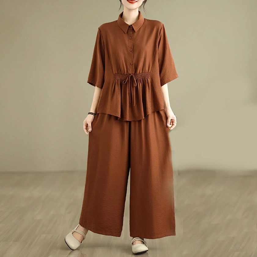 Women's Buddhist meditation clothing set in Sienna color - full-body front view showing short-sleeve stand collar top and wide-leg pants