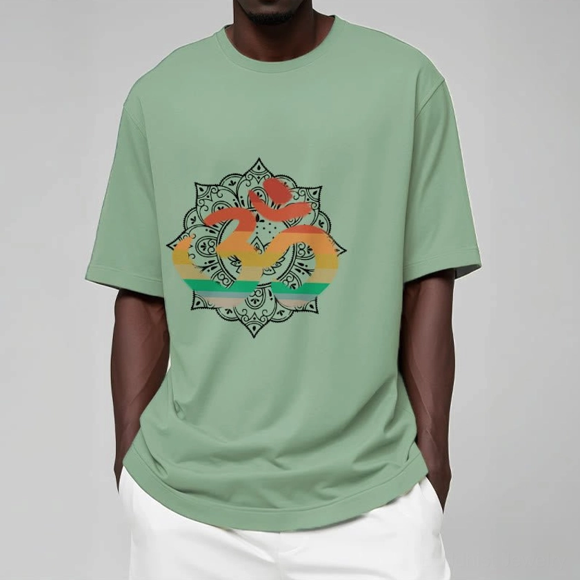 Light cyan Buddhist Om mandala t-shirt worn by model showing fit and comfort design