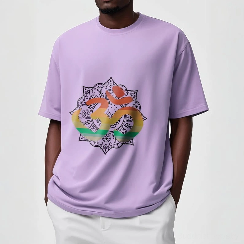 Light cyan Buddhist Om mandala t-shirt on model with casual street style appearance