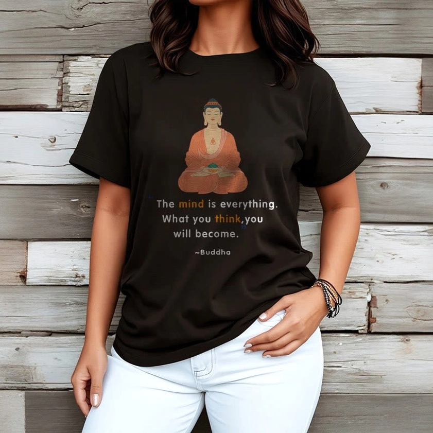 Women's black Buddhist mindfulness t-shirt with white denim casual outfit