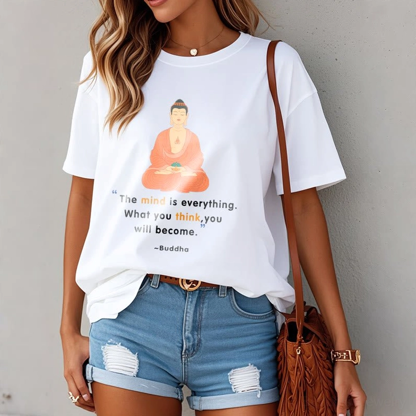 Women's white Buddhist meditation t-shirt casual outfit with denim shorts