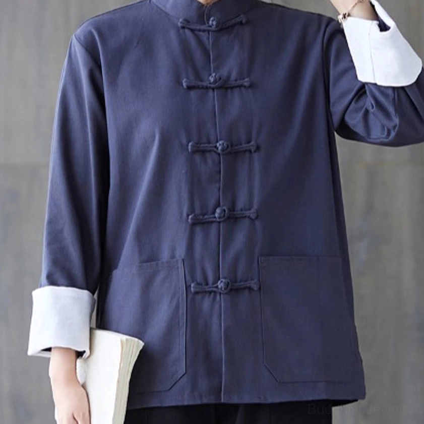 Burgundy women's frog-button meditation shirt highlighting natural cotton linen fabric texture