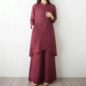 Women's burgundy linen meditation and tai chi two-piece set front full body view with stand collar and asymmetrical top