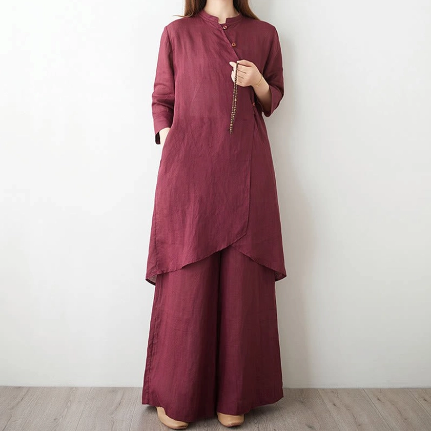 Women's burgundy linen meditation and tai chi two-piece set front full body view with stand collar and asymmetrical top