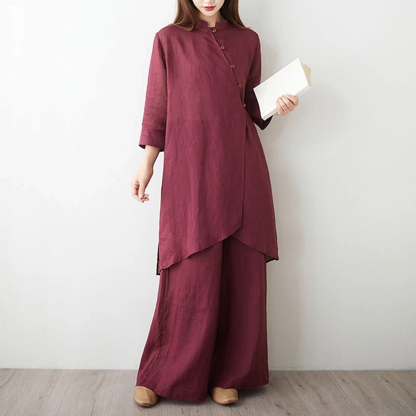 Full burgundy linen two-piece meditation set front view with stand collar and semi-sheer fabric