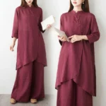 Women's burgundy meditation tai chi clothing set two-piece front view with stand collar and wide-leg pants