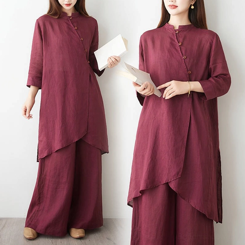 Women's burgundy meditation and tai chi set showing overall garment construction and fit