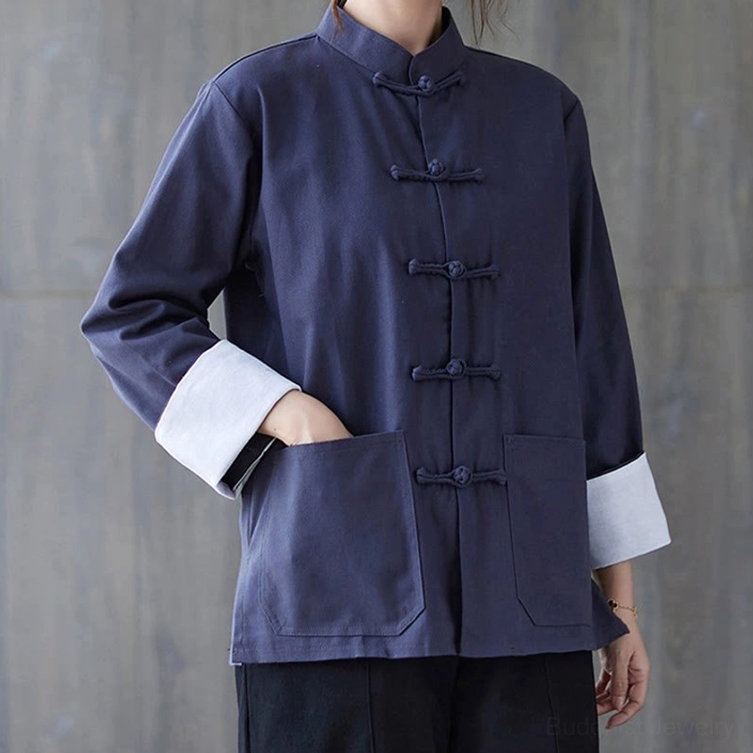 Women's frog-button meditation set full outfit view with complementary shirt and pants combination