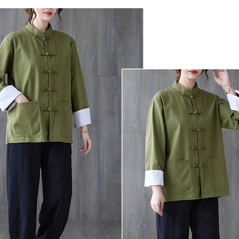 Women's frog-button meditation outfit full body view with army green shirt and black pants in casual pose