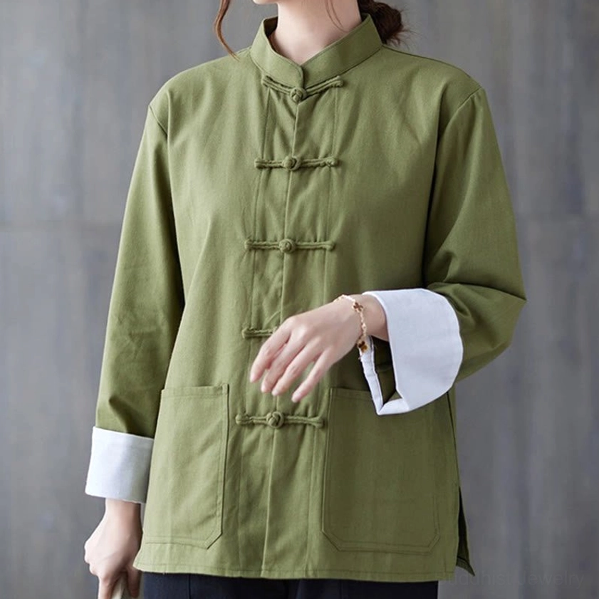 Front full-body view of women's frog-button meditation clothing set in army green with matching black pants