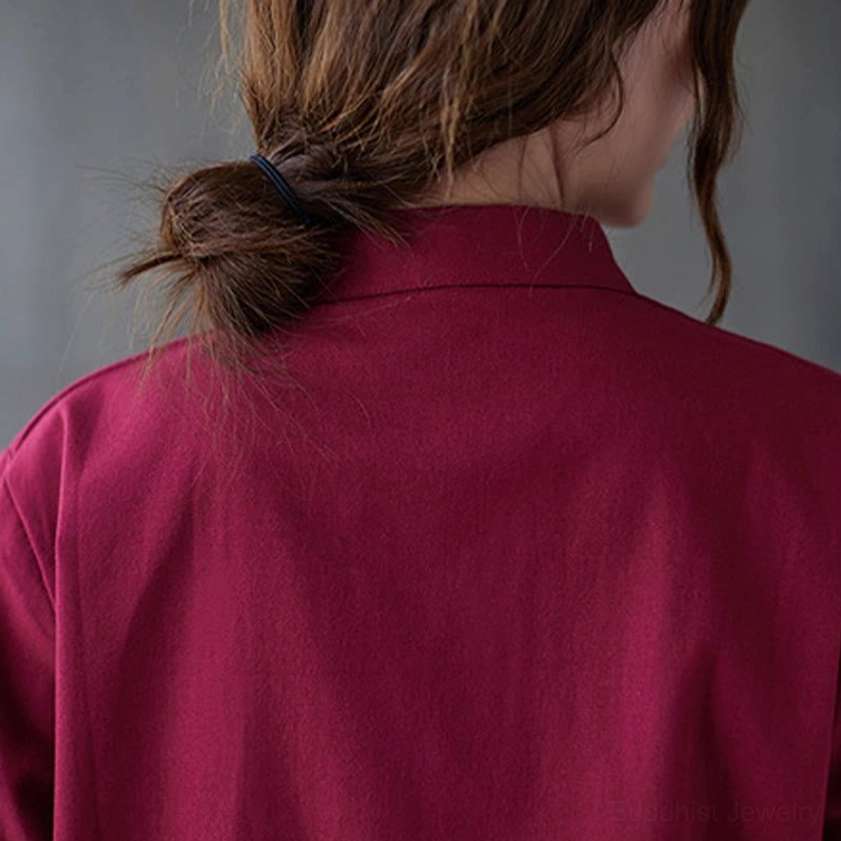 Women's meditation clothing set featuring frog-button shirt with multiple color options available