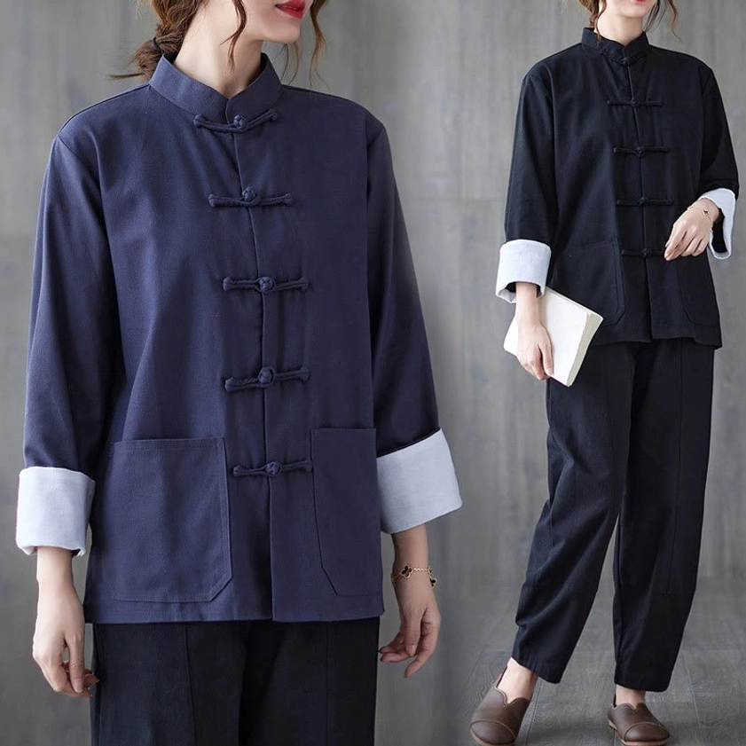 Full body flatlay of women's frog-button meditation clothing set showing complete outfit ensemble
