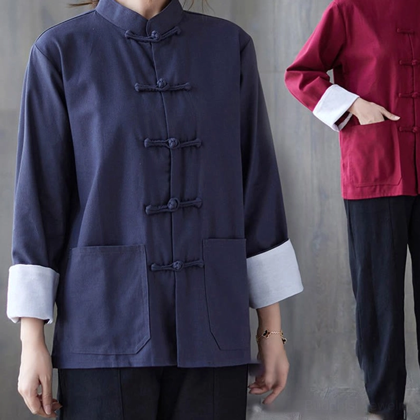 Women's frog-button meditation wear set displaying multiple shirt colors - black, blue, burgundy options