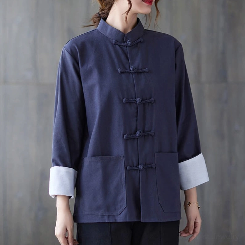 Back detail of women's frog-button meditation shirt showing traditional stand collar construction