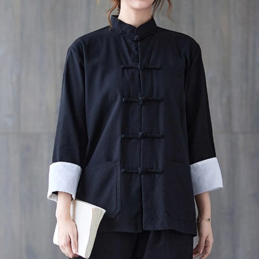 Back view of women's frog-button meditation shirt showing stand collar and relaxed fit silhouette